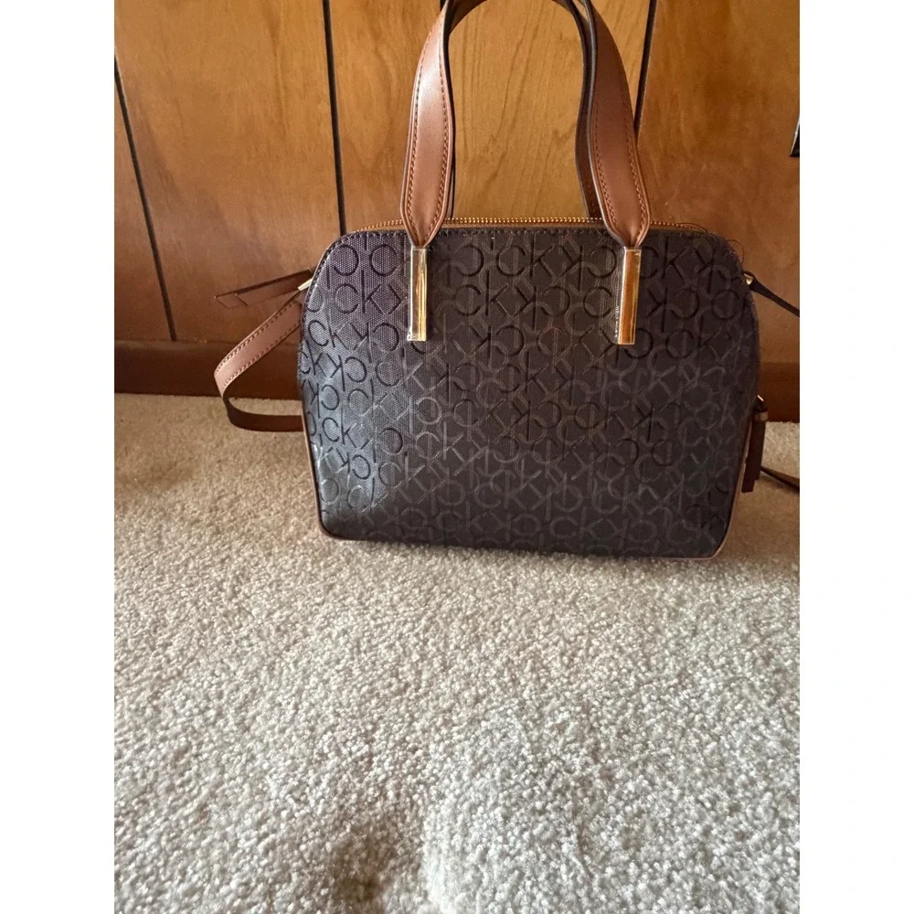 Calvin Klein Monogram Satchel Brown Cognac Logo Dome Crossbody Bag